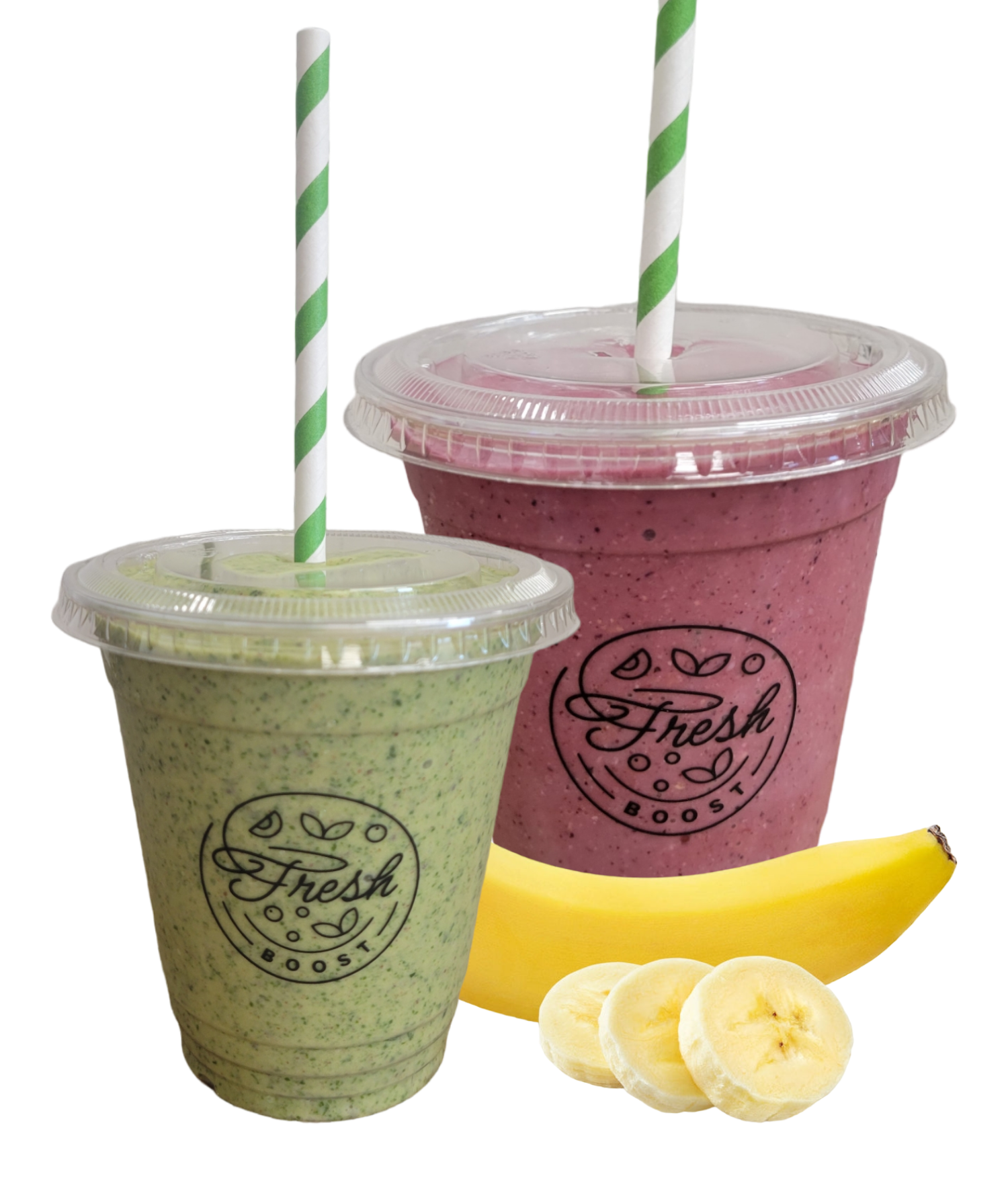 Two cups of smoothies with straws next to a banana