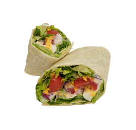 A tortilla wrap with lettuce , tomatoes , onions and cheese on a white background.