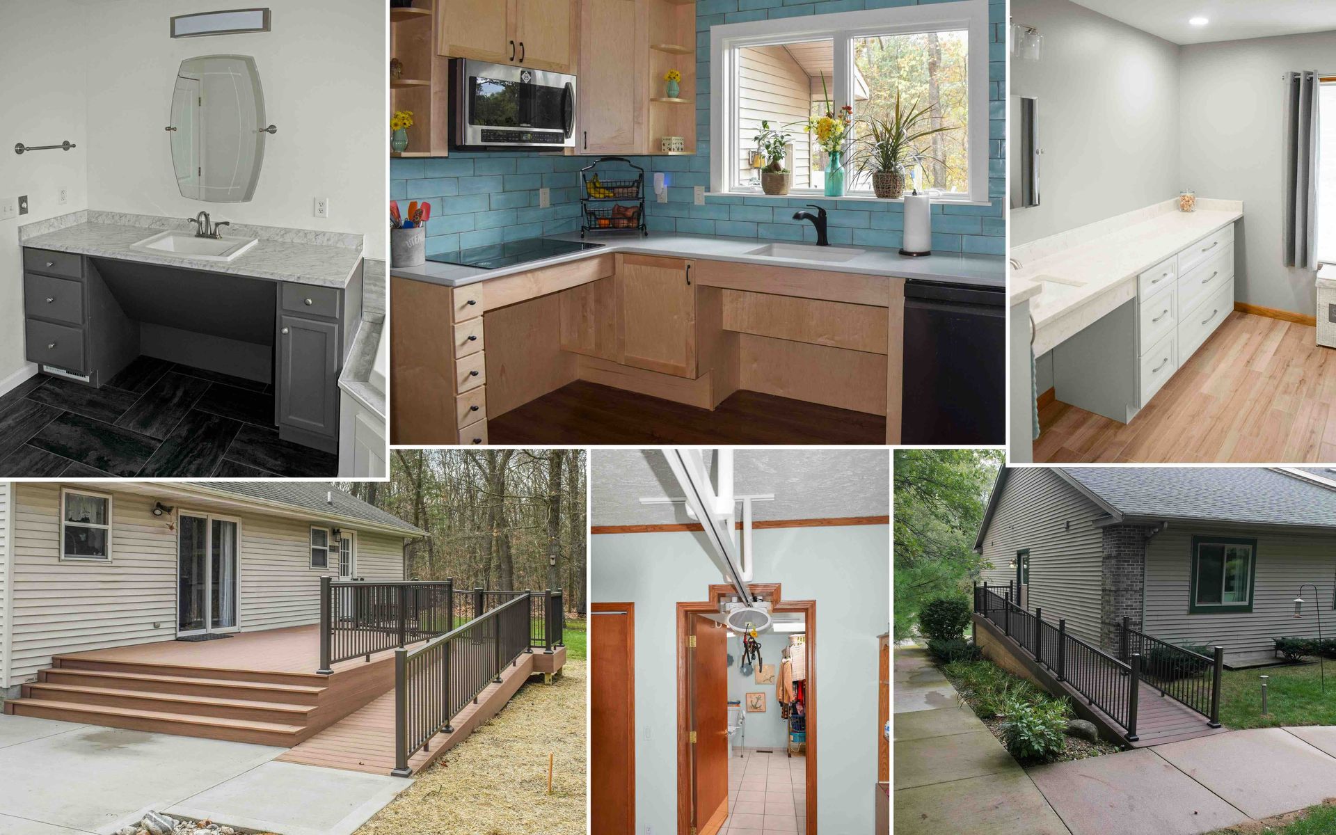 Collage of accessible home features: bathroom with lowered sink, kitchen, ramp, deck, and hallway.