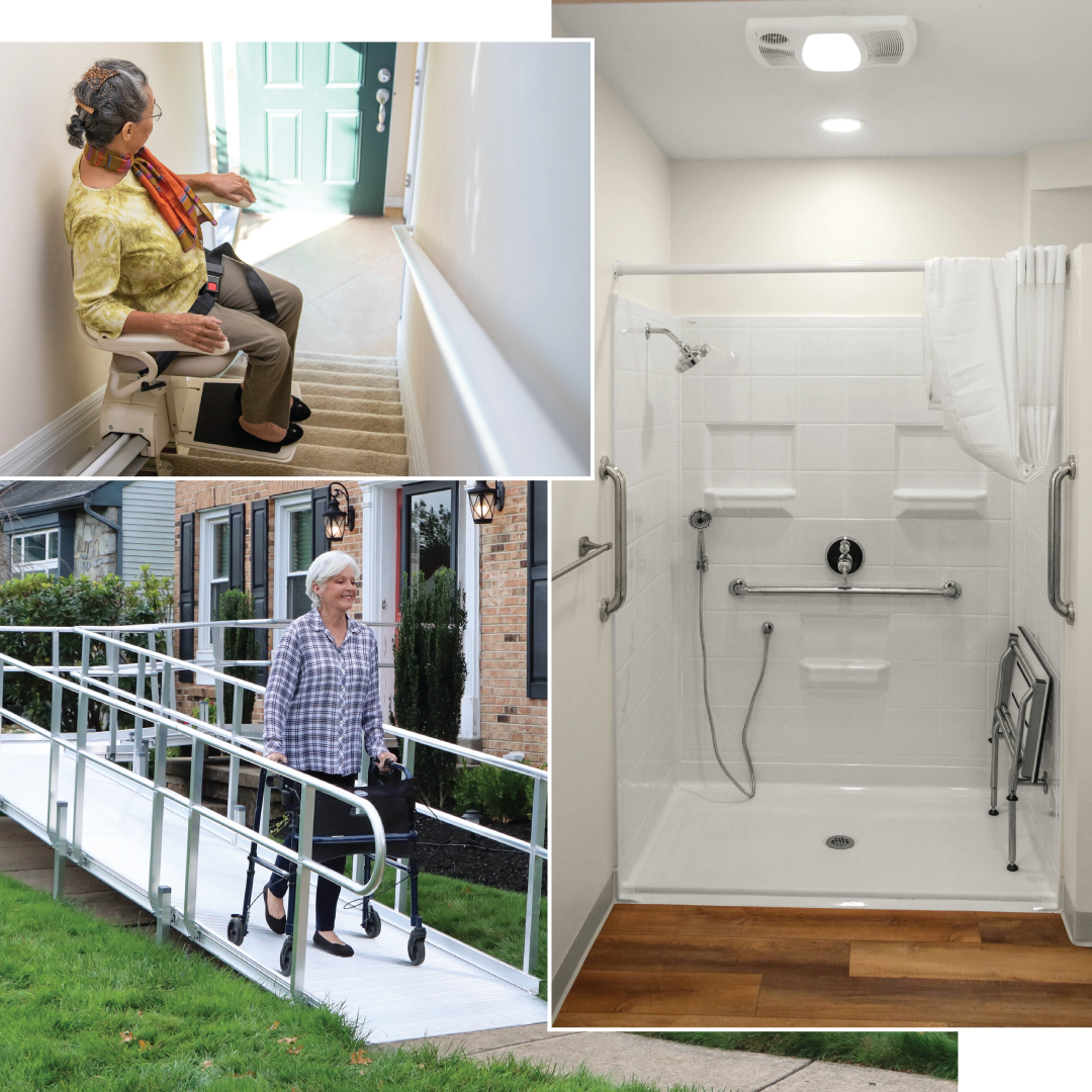 Woman using a stair lift, accessible shower with grab bars, and ramp for wheelchair access.
