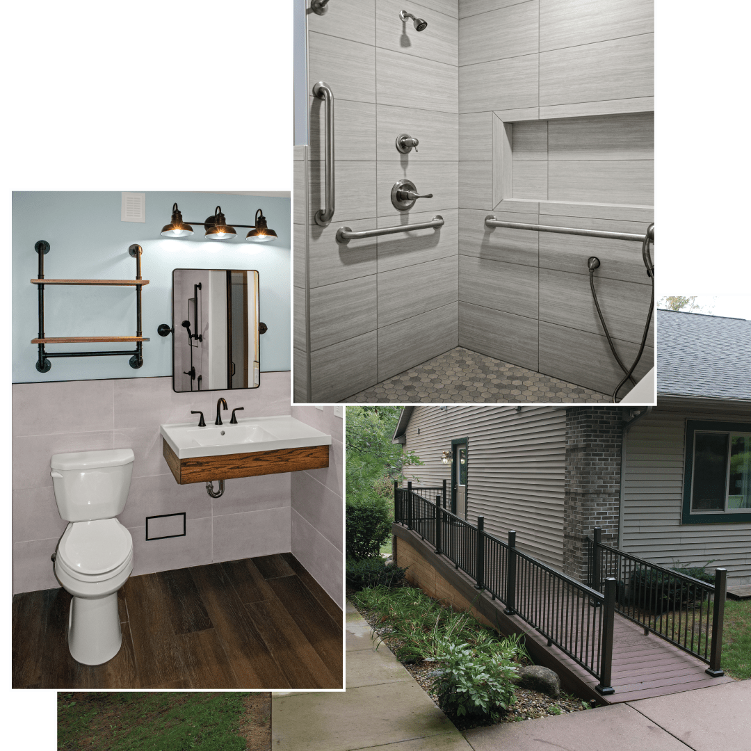 samples of previous work featuring a bathroom sink, a shower, and a ramp.