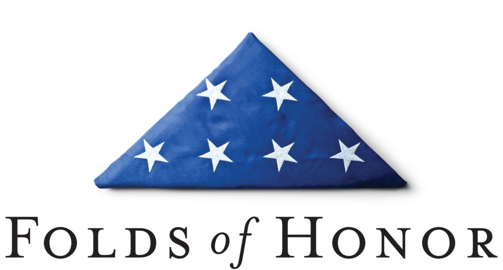 the folds of honor logo which has an  american flag folded into a blue triangle with white stars on it.