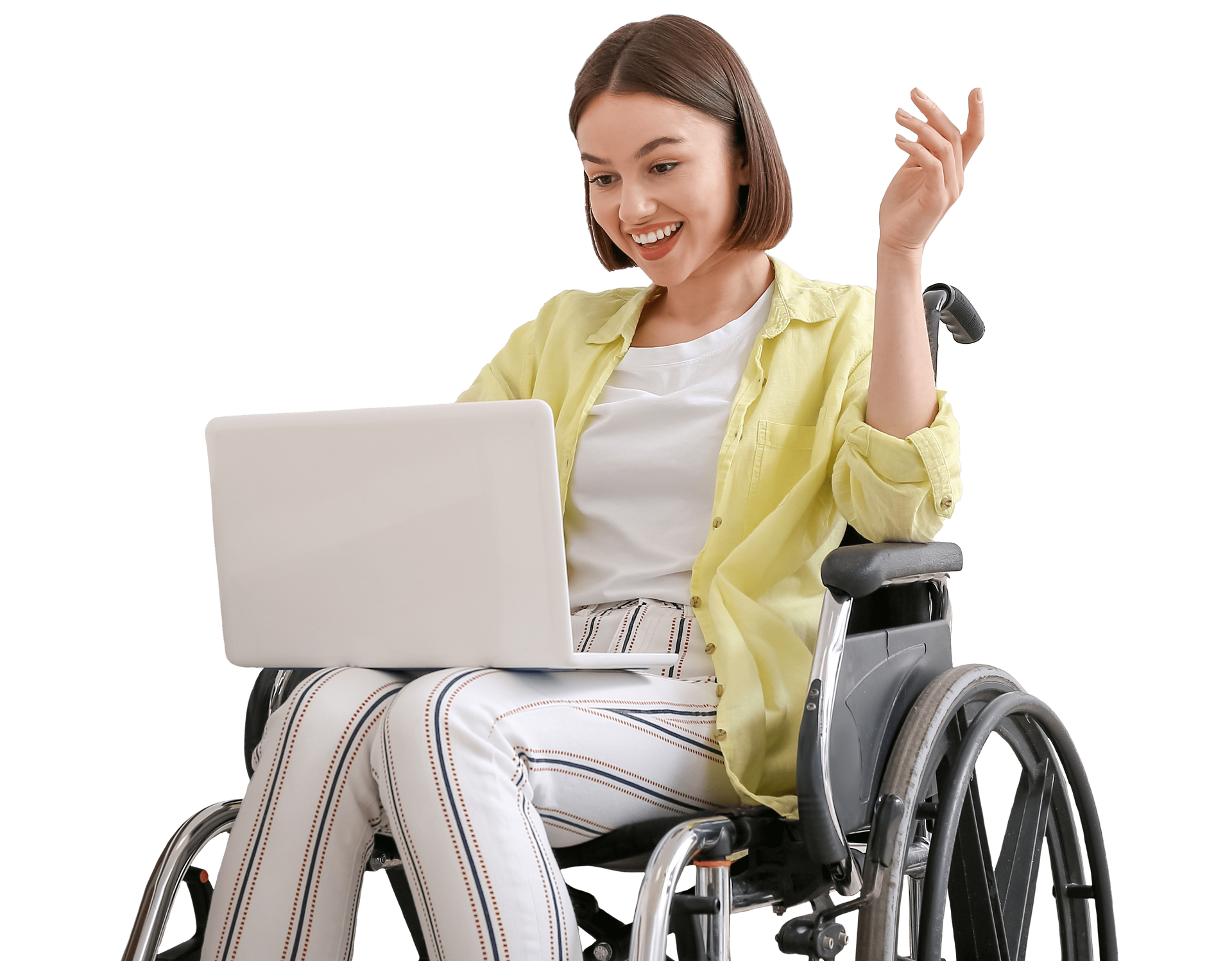 a woman in a wheelchair is using a laptop computer.