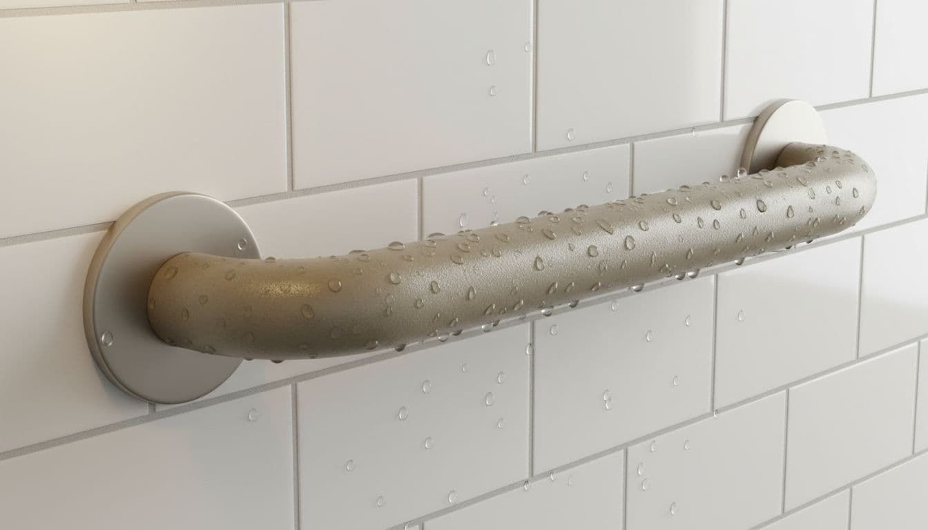 A brushed nickel safety grab bar mounted on white subway tile, covered in water droplets in a shower.