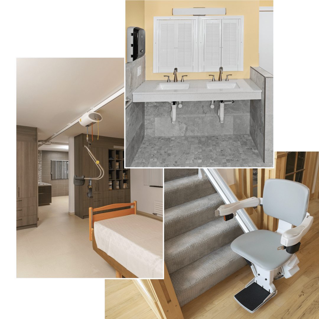samples of previous work featuring a bathroom sink, a patient lift, and a stairlift.