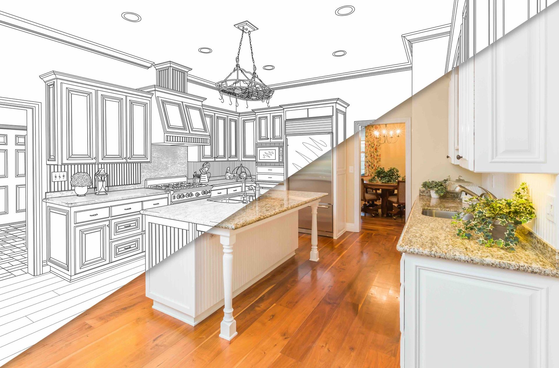 Half sketch, half photo of a kitchen remodel. White cabinets, island, and granite countertops with wood floors.