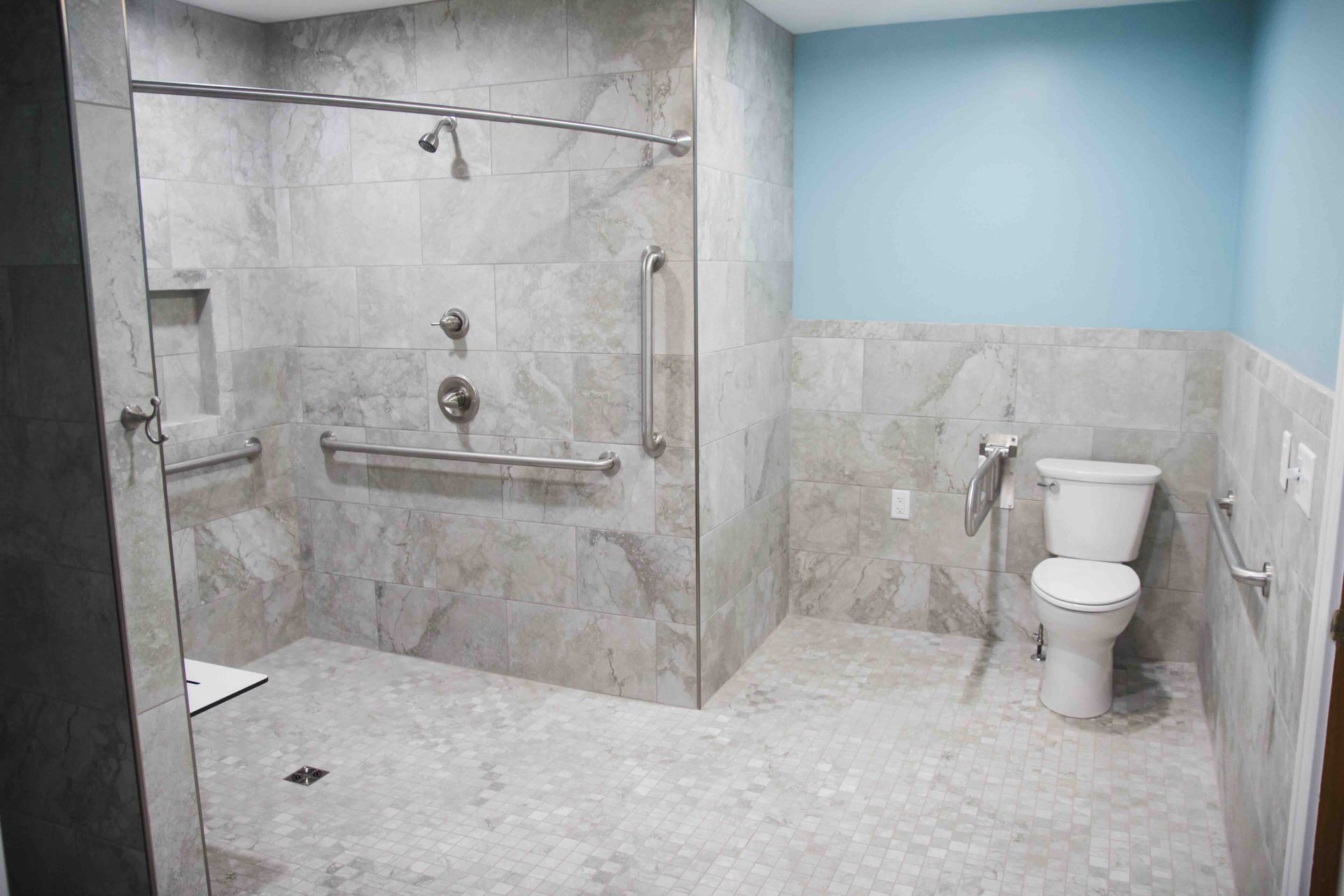 A bathroom with a toilet and a walk-in shower with grab bars throughout for aging in place.