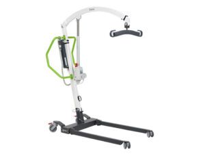 A white and green patient lift with wheels on a white background.