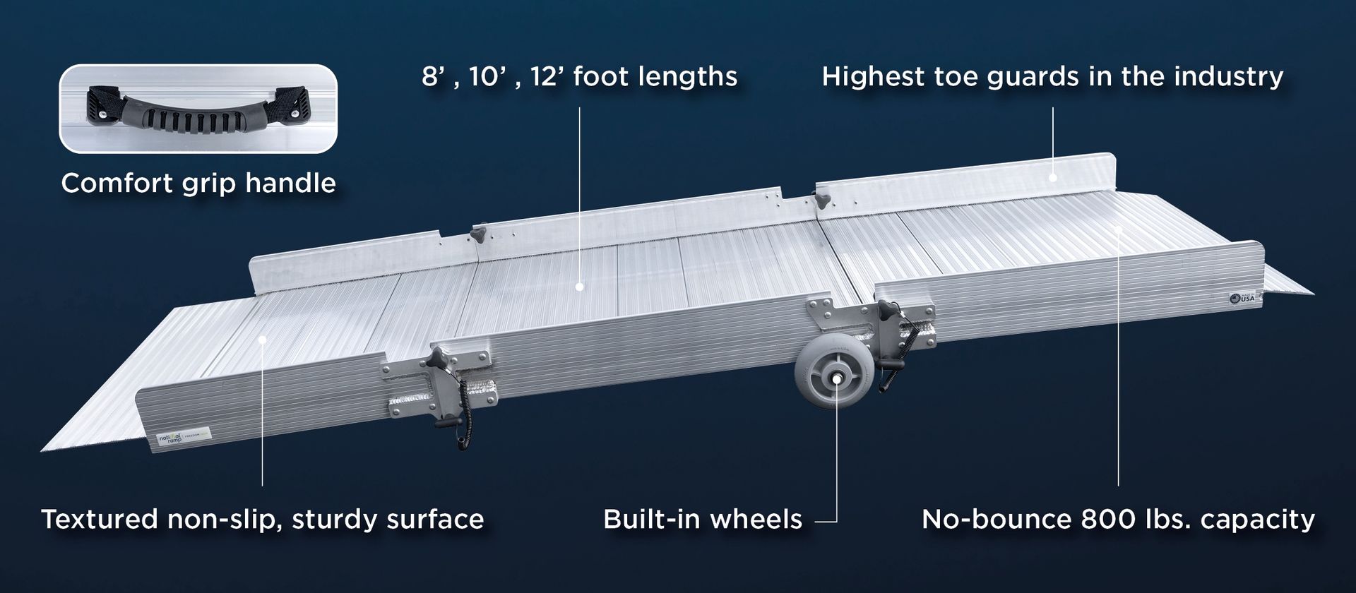 A silver, multi-section portable ramp for wheelchairs, featuring textured, non-slip surfaces, side guards, and wheels.