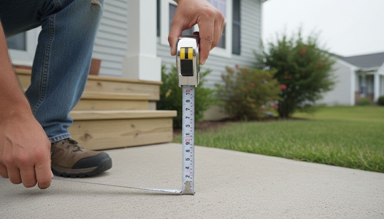 A person uses a tape measure to check the height of a concrete step near a house entrance.