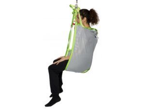 A woman is sitting in a sling on a white background.