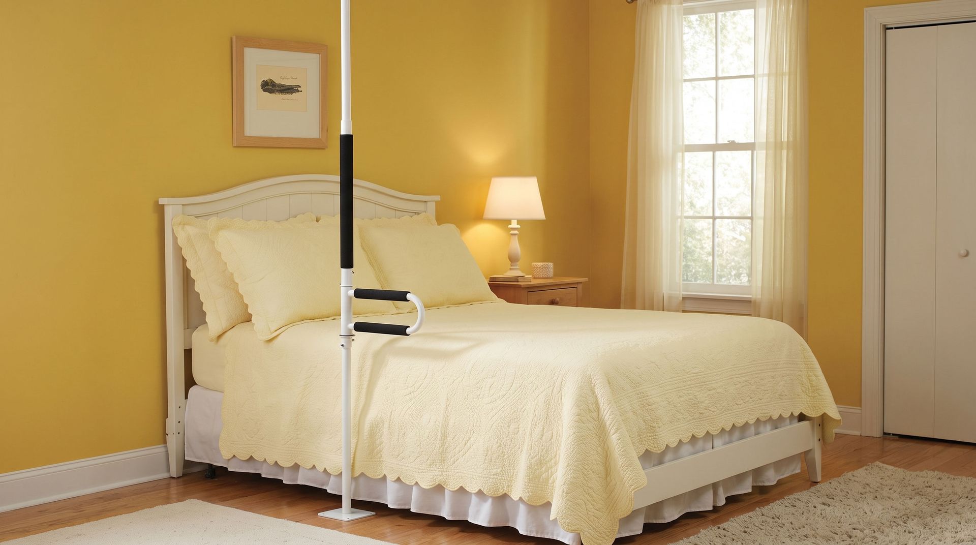 Yellow bedroom with white bed, bedside lamp, window, and framed wall art