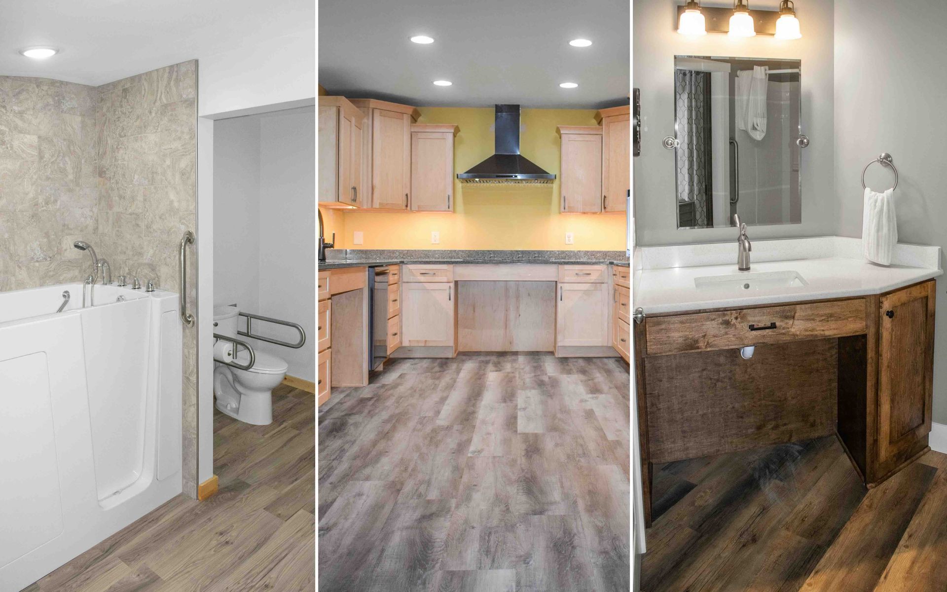 A collage of three pictures of a bathroom, kitchen, and bathroom that have all been modified for a person with disabilities.