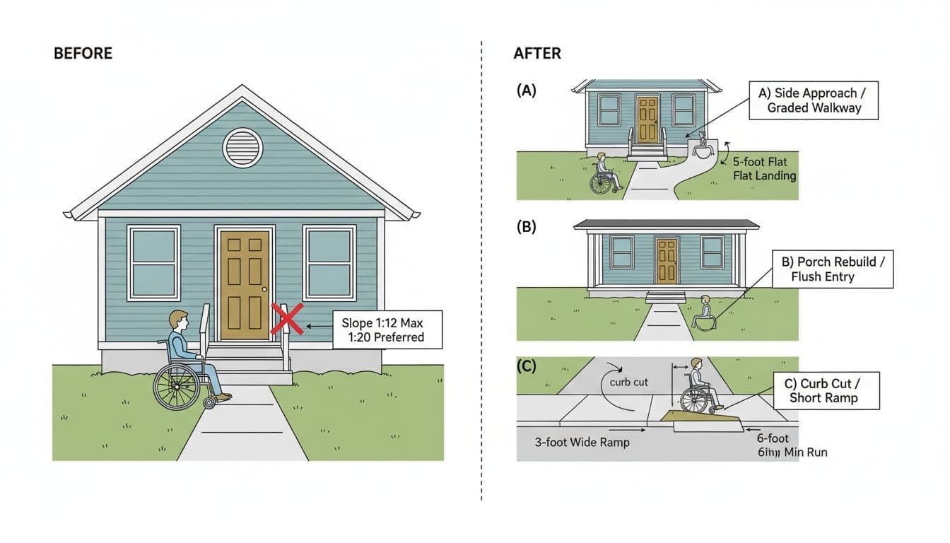 Diagram showing before and after accessibility modifications to a house entry, including a wheelchair user.
