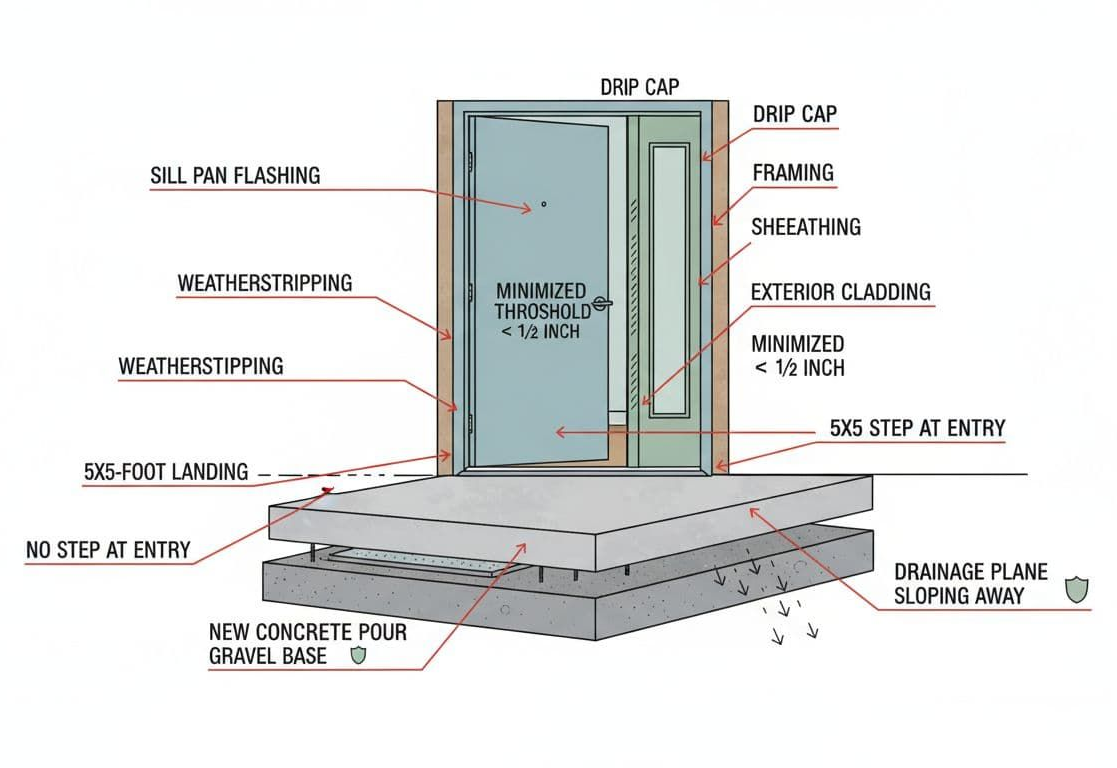 Diagram of a door installation showing layers of materials and components, including flashing and weather stripping.