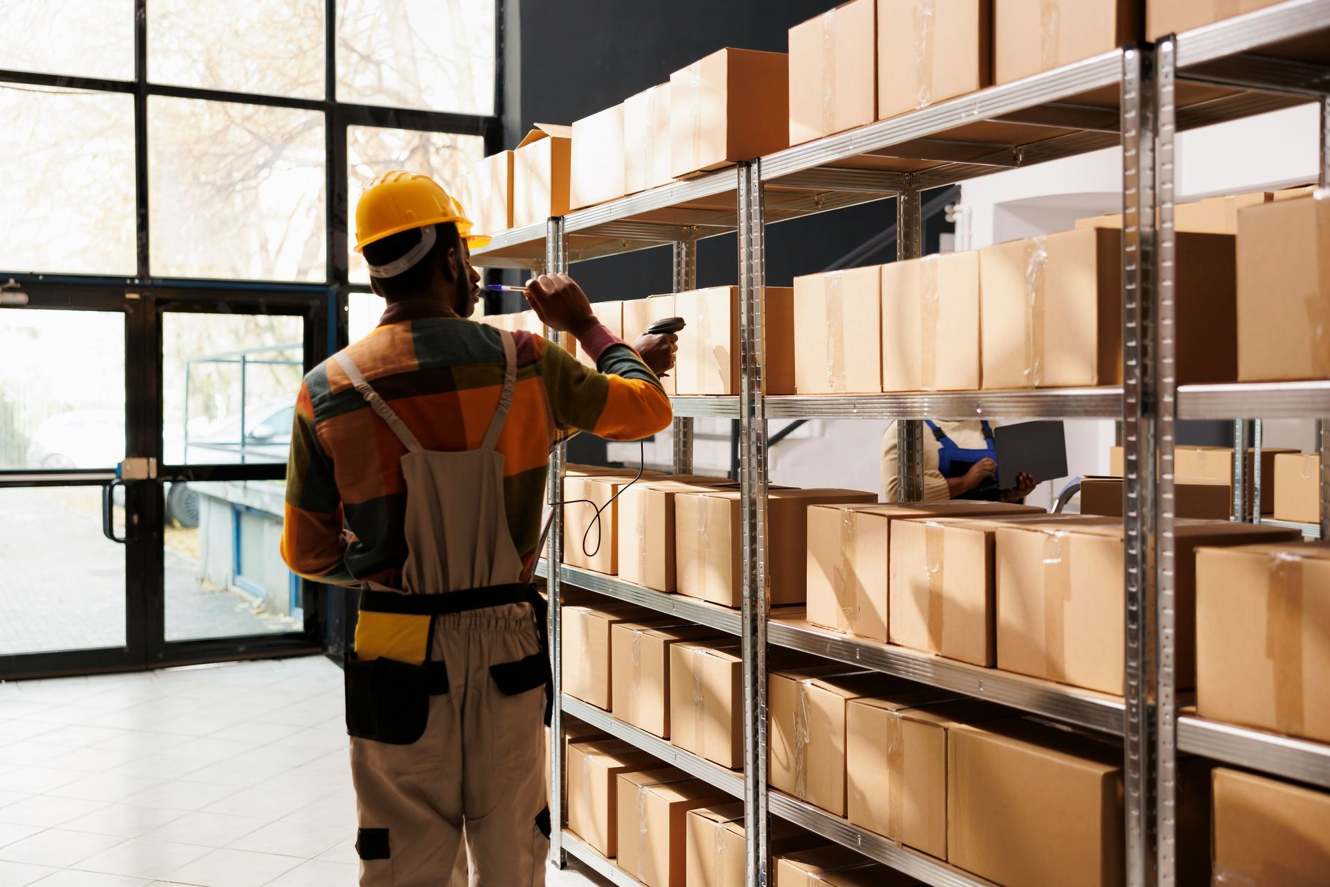 Person in a yellow hard hat scans boxes on a metal shelf in a warehouse.