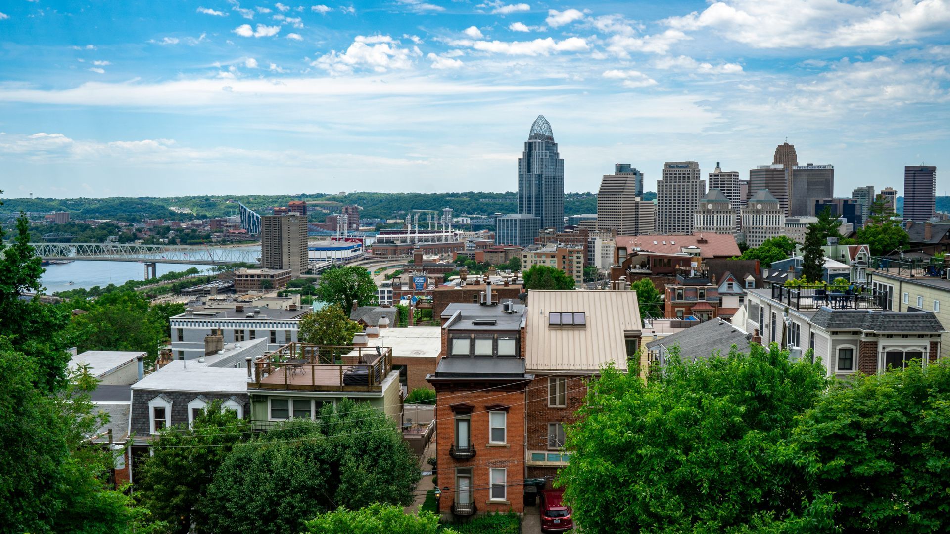 City skyline with buildings, trees, and a river under a blue sky with clouds.