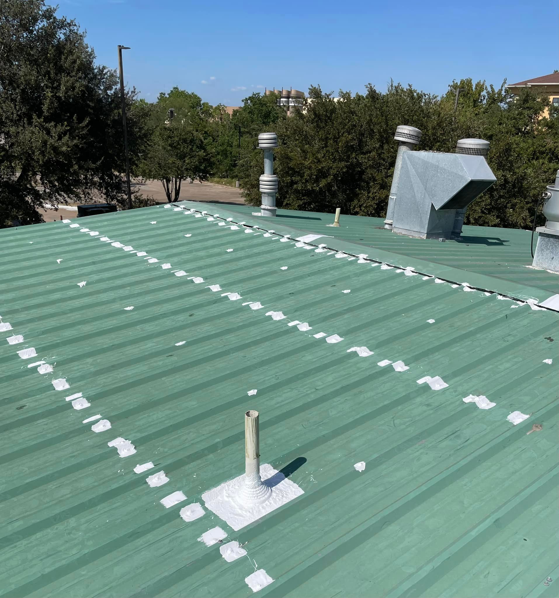 Green metal roof with white sealant along the ridges, vents and a pipe against a backdrop of trees and blue sky.