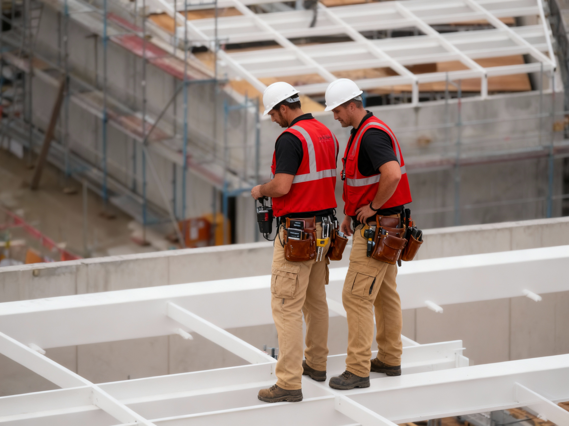 Construction workers on scaffolding, building roof frame. Wearing yellow vests, concrete walls.