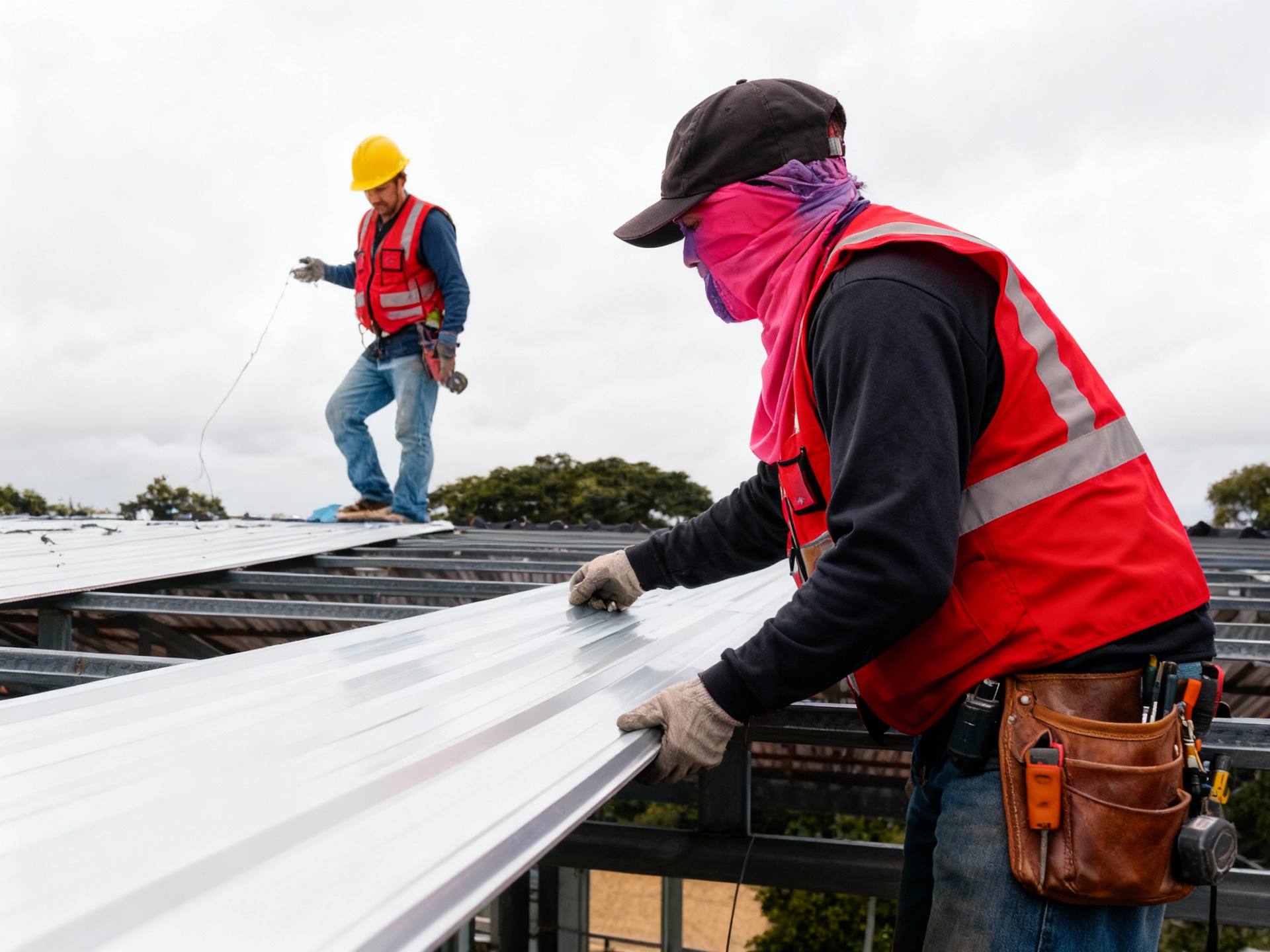 Construction workers installing metal panels on a roof under cloudy sky. One worker wears a yellow vest and hard hat.