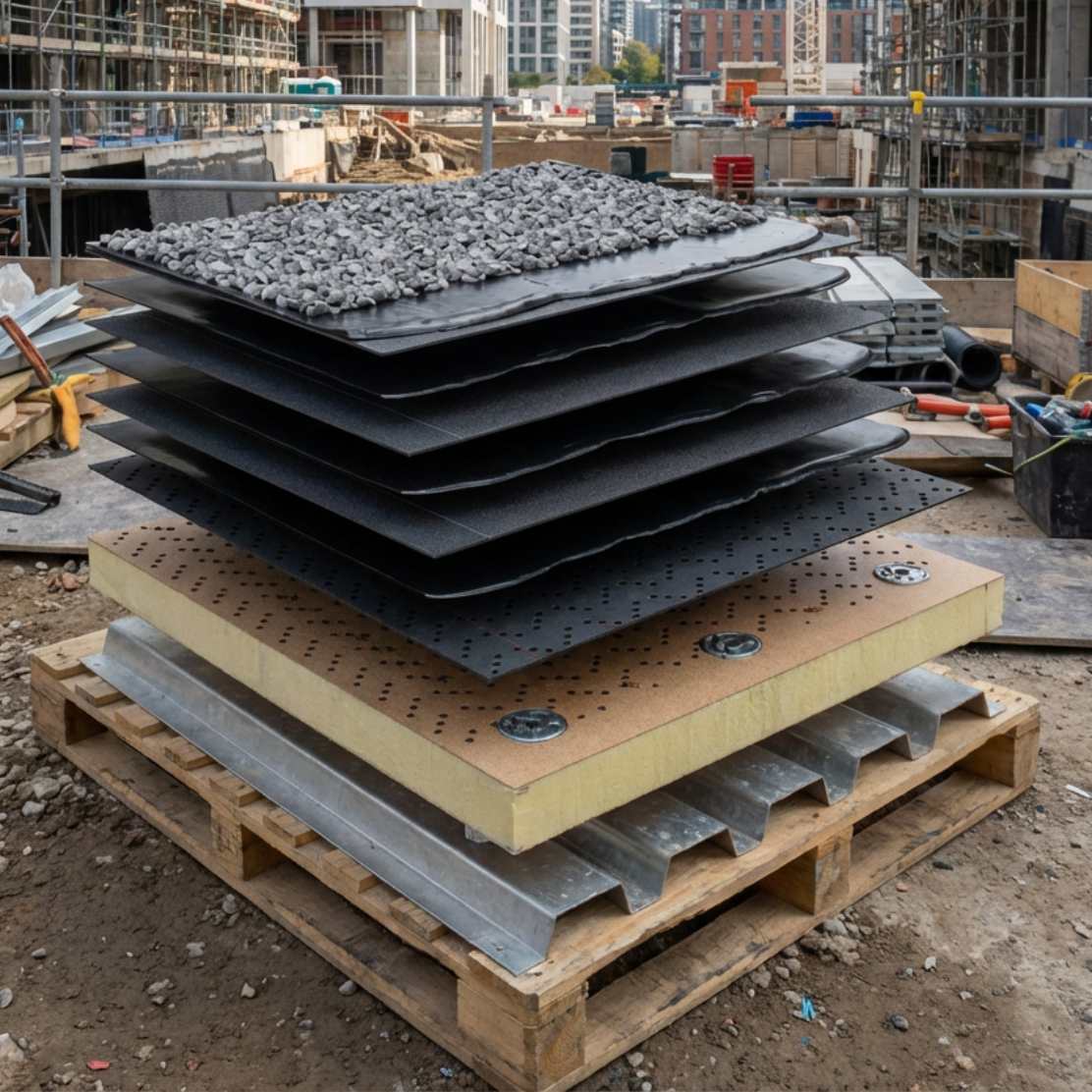 Exploded diagram of a roof, showing layers of materials like gravel, membrane, insulation, and deck.