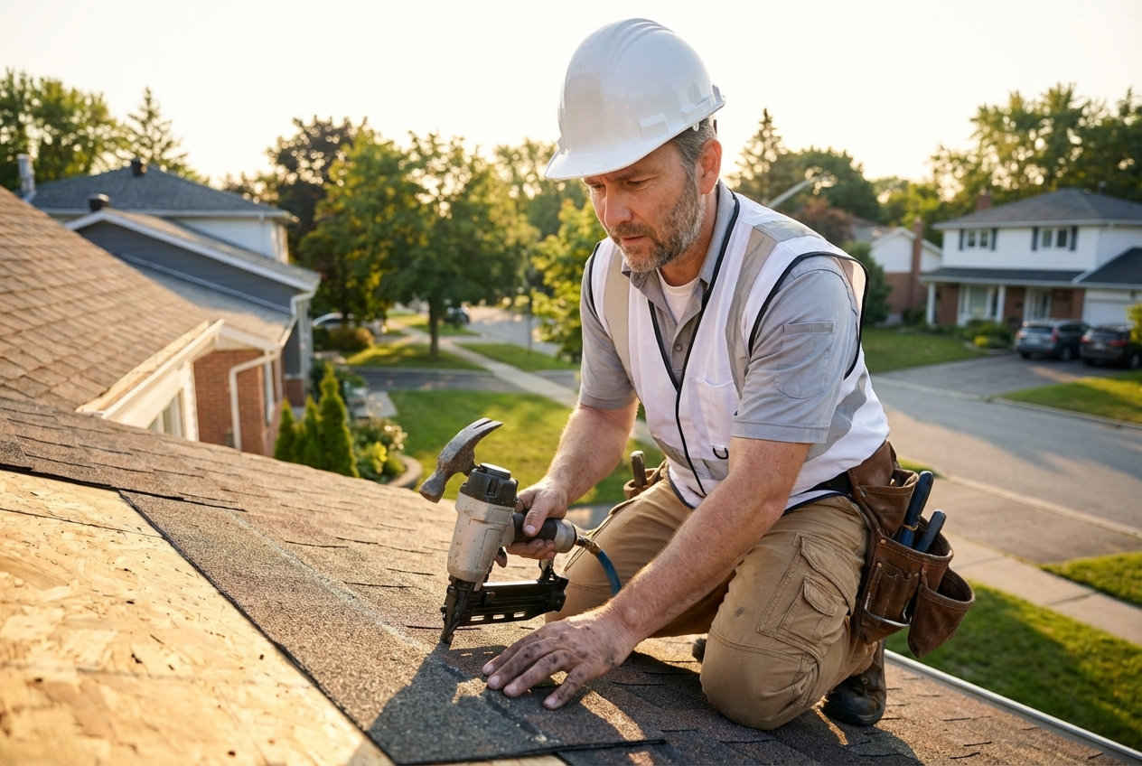 Person in gray shirt and black pants kneeling on a roof inspecting a solar panel.