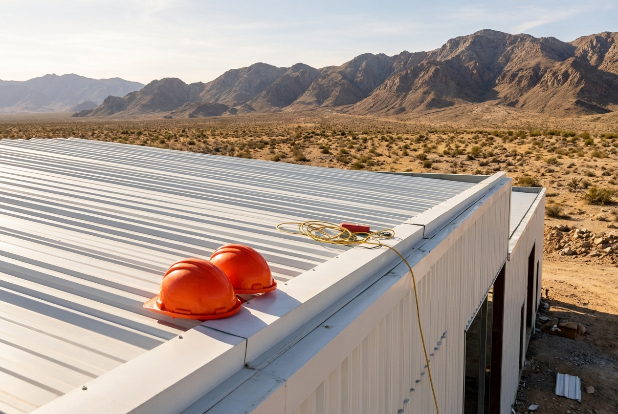Three people at a table reviewing blueprints, one with a blue hard hat.