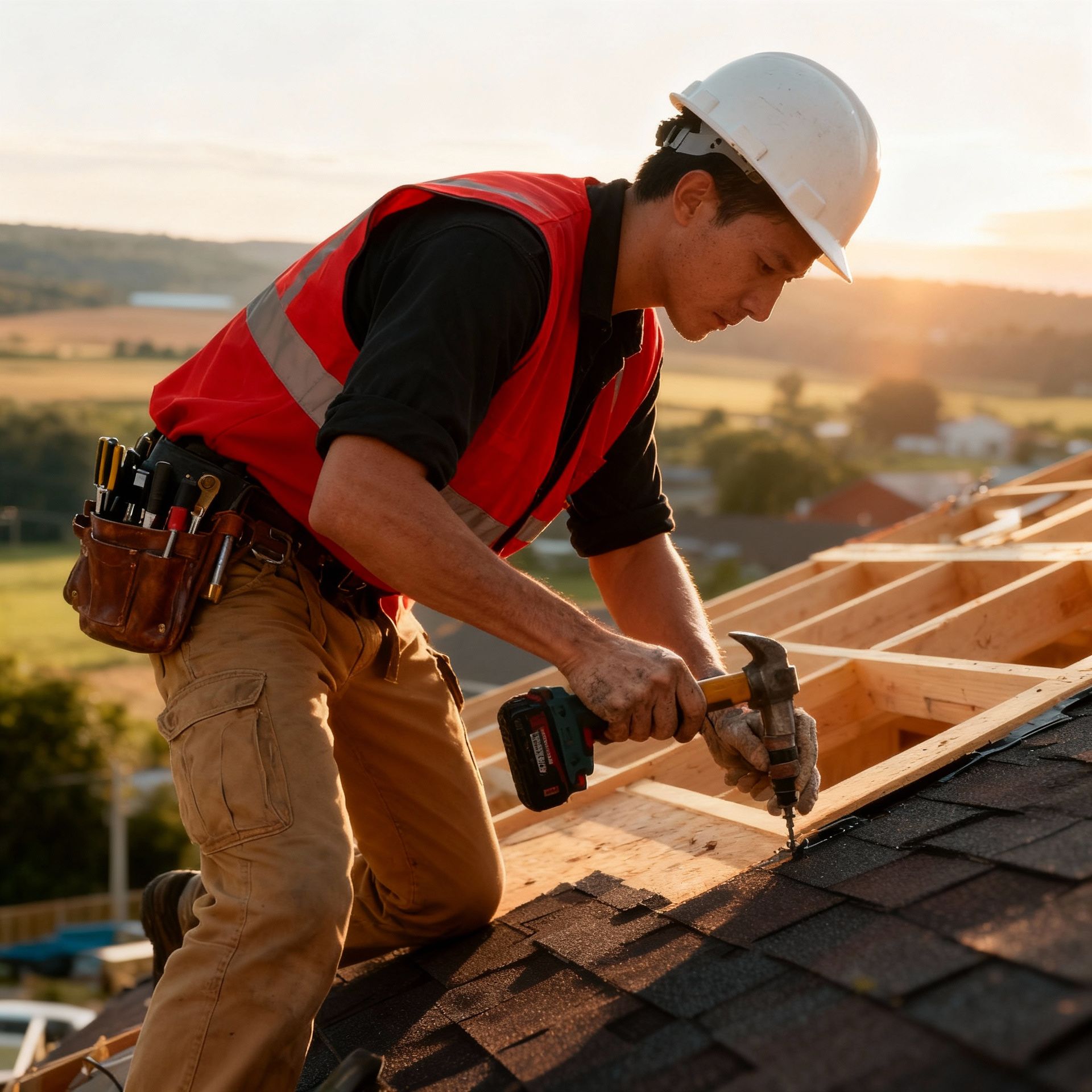 Person kneeling on a dark rooftop, inspecting solar panel installation in sunny weather.