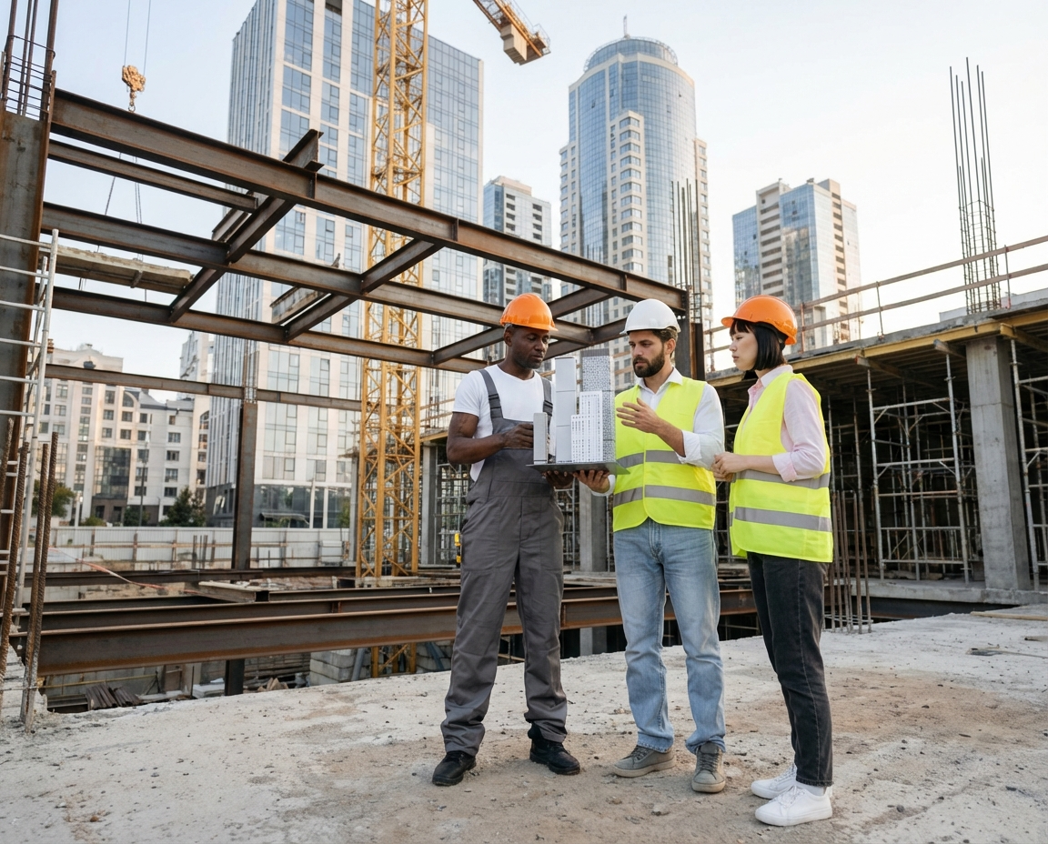 Three construction workers on a rooftop reviewing blueprints in front of a city backdrop.