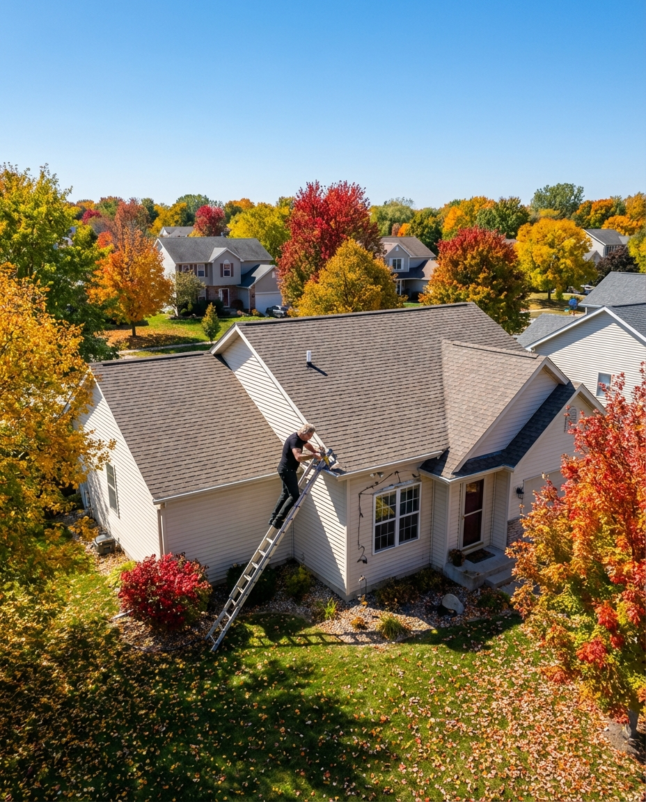 Man on ladder caulking roof gutter. House exterior, sunny day.