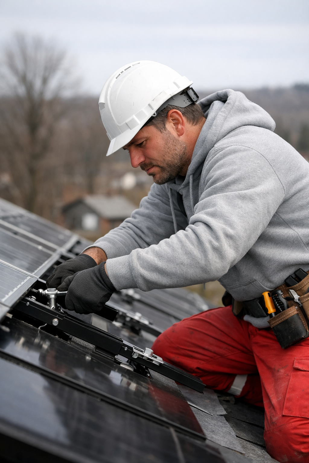 Roofer in a white hard hat and hoodie on a roof, using a tool.