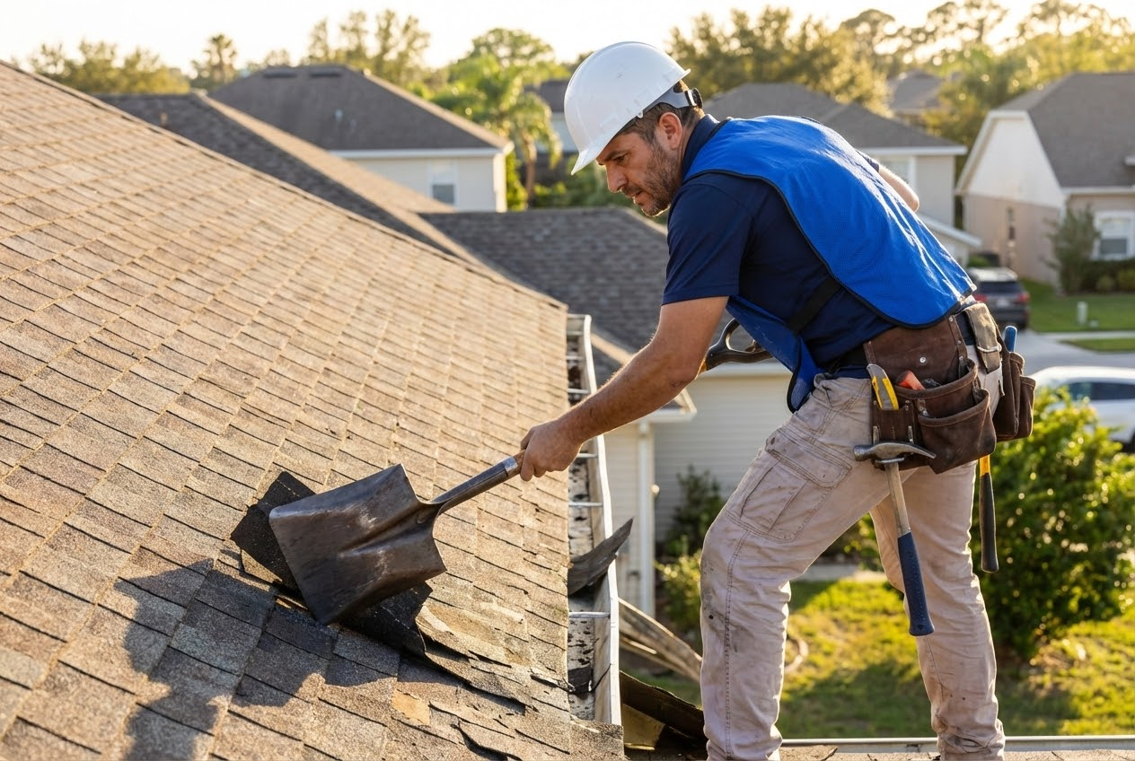 Construction worker inspects solar panels on a rooftop, wearing a safety helmet, vest, gloves, and mask under a blue sky.