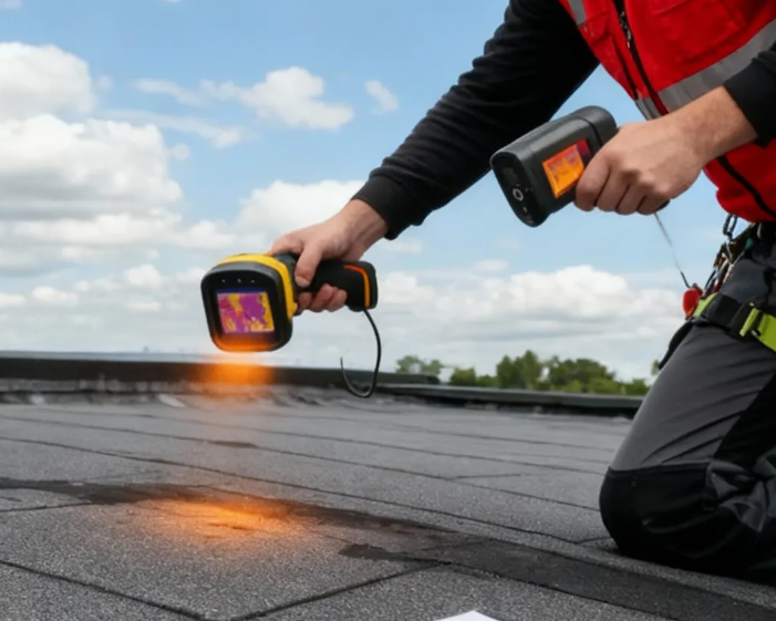 Roofer uses a thermal imaging camera to inspect a roof, documenting findings on a clipboard. Blue sky overhead.