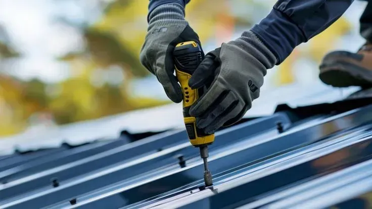 Person using a yellow and black power drill to fasten metal roofing panels; outdoors.