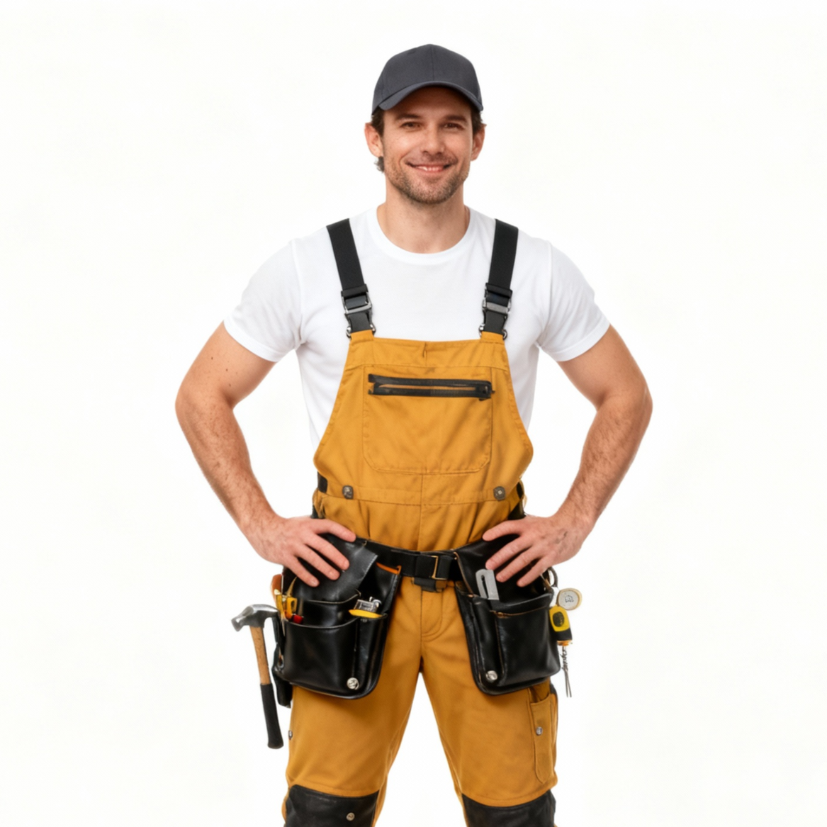 Man in yellow overalls and blue cap smiles, hands on hips.