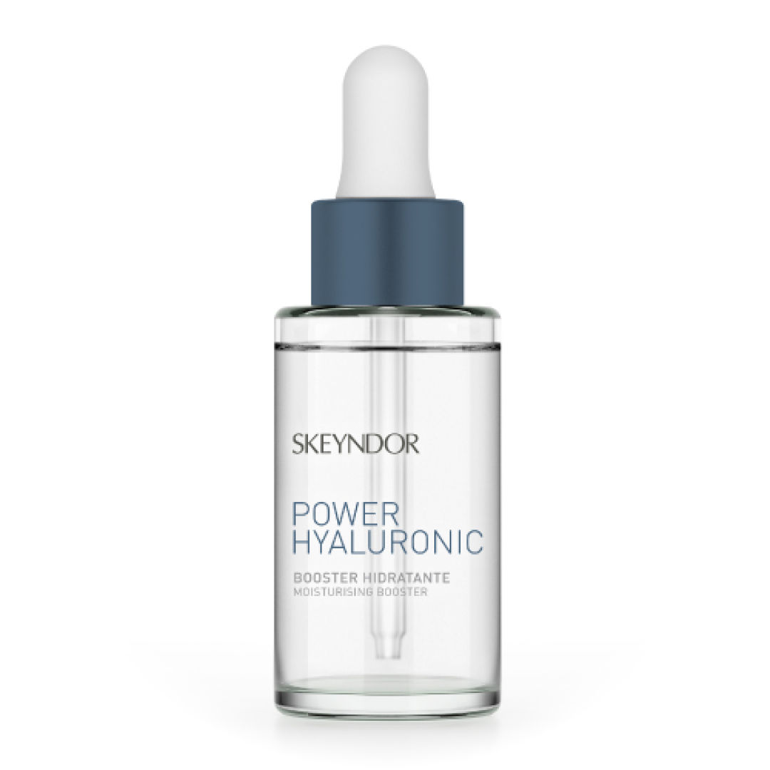 Un frasco de suero hialurónico skeyndor power con gotero.