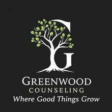 Logo for Greenwood Counseling: teal head silhouette with gears inside; text