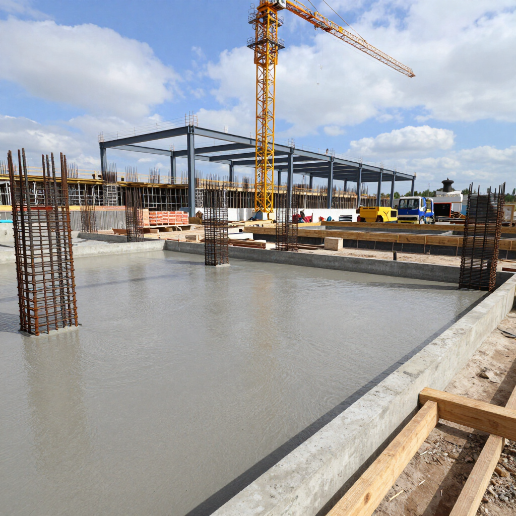 Construction site with wet concrete slab, steel frame, and yellow crane under a cloudy sky