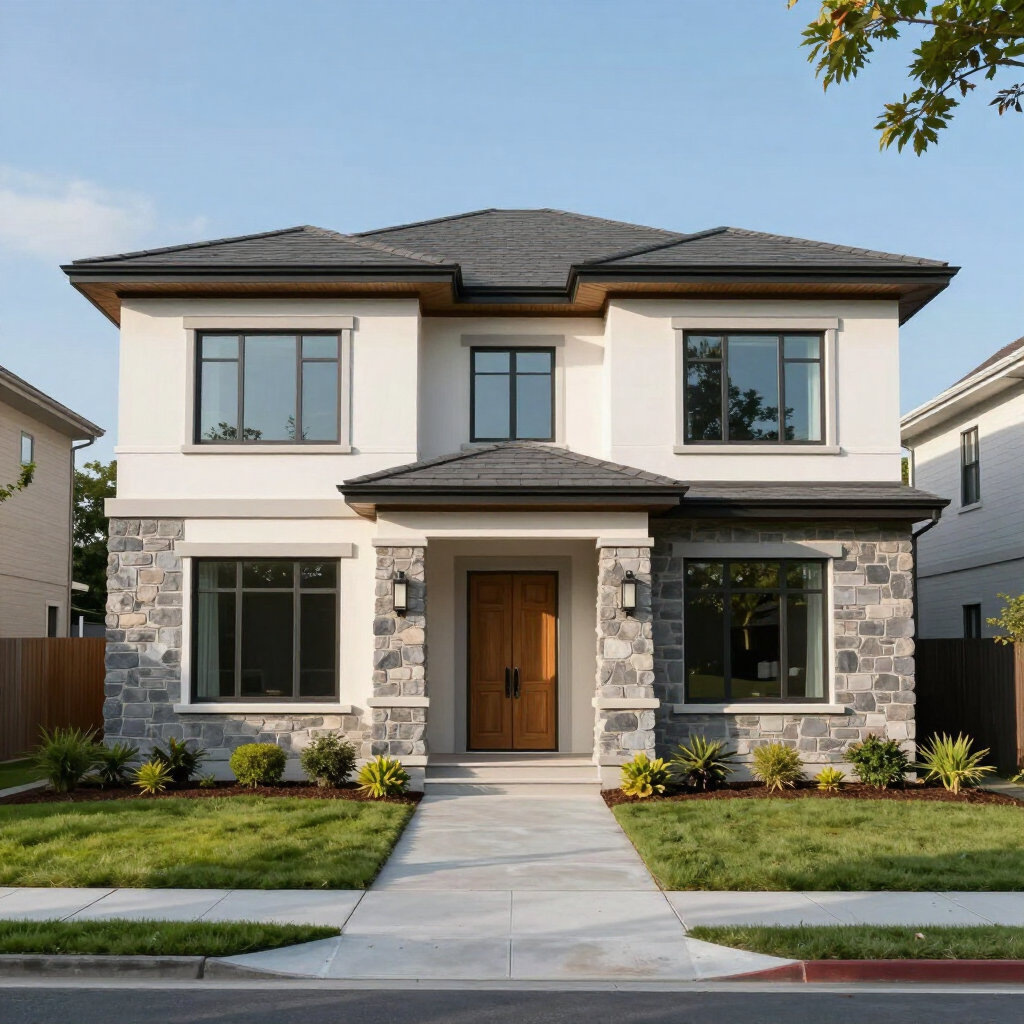 Modern two-story house with stone and white exterior, front walkway, and manicured lawn