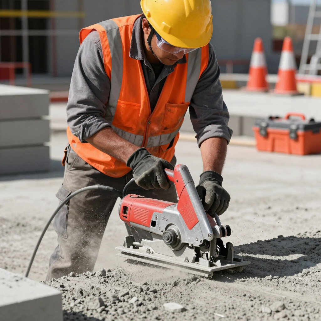 Construction worker in orange vest and yellow hard hat cutting concrete with a circular saw
