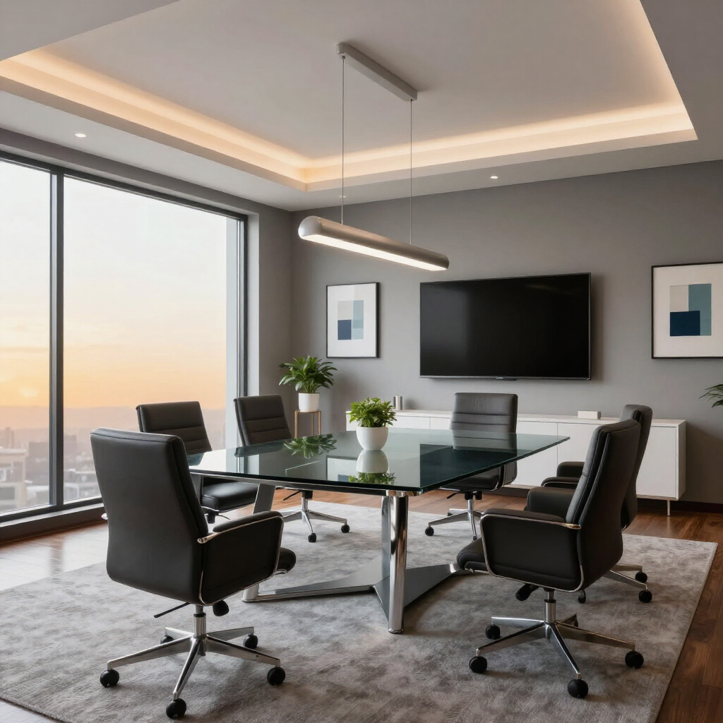 Modern office conference room with glass table, black chairs, wall-mounted TV, and large city-view window