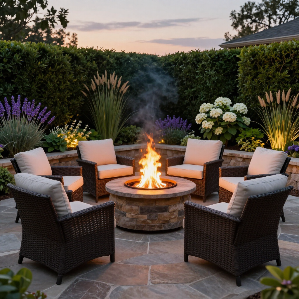 Cozy backyard patio with wicker chairs around a stone fire pit at dusk, surrounded by lush flowers and greenery