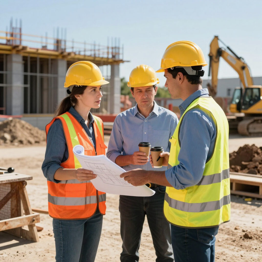Three construction workers in hard hats reviewing plans at a building site.