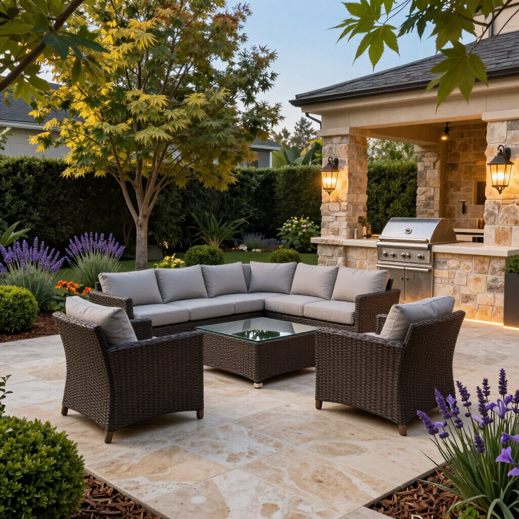 Stylish backyard patio with wicker seating, stone fire pit, and a covered outdoor kitchen at dusk