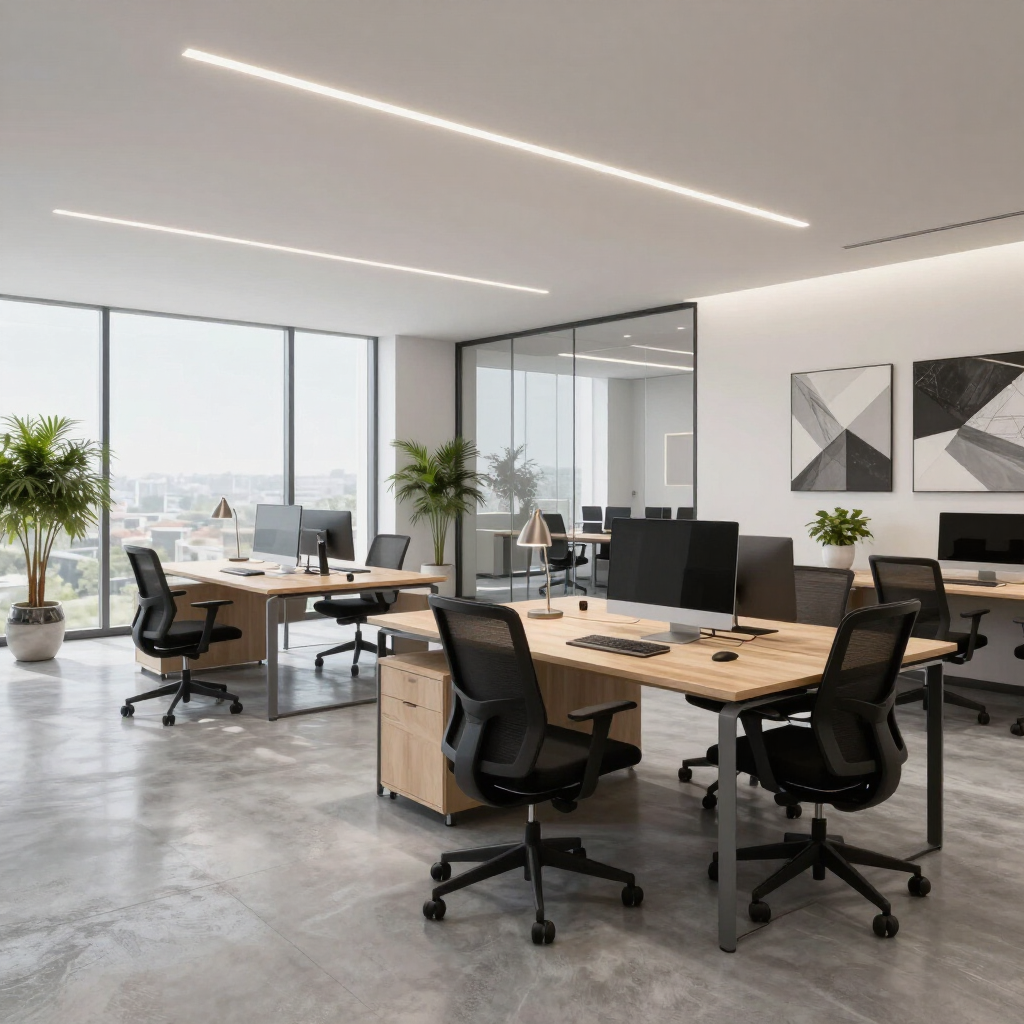 Modern open-plan office with desks, black chairs, computers, plants, and large windows.