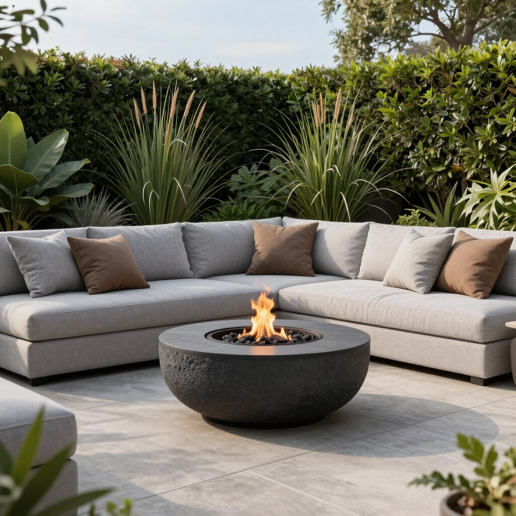 Modern outdoor patio with beige sectional sofa and round fire pit surrounded by greenery