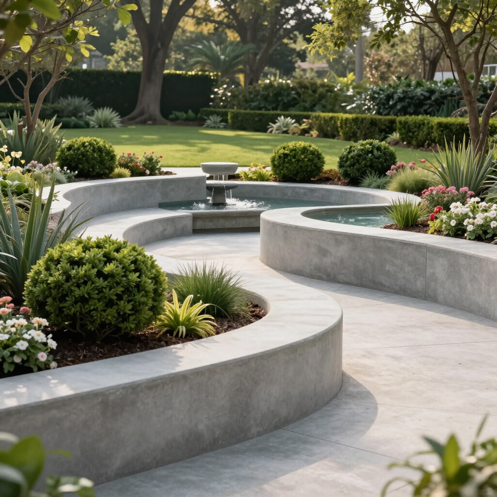 Curved concrete garden benches around a small fountain in a lush, landscaped park