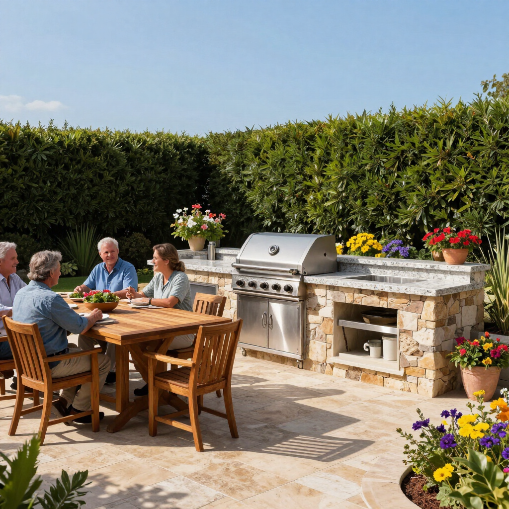 People dining at a wooden table beside a stone patio grill with colorful flower pots and tall hedges.