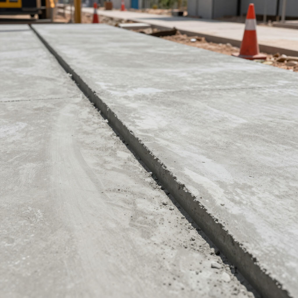 Fresh concrete roadway with a long expansion joint and an orange traffic cone in the background