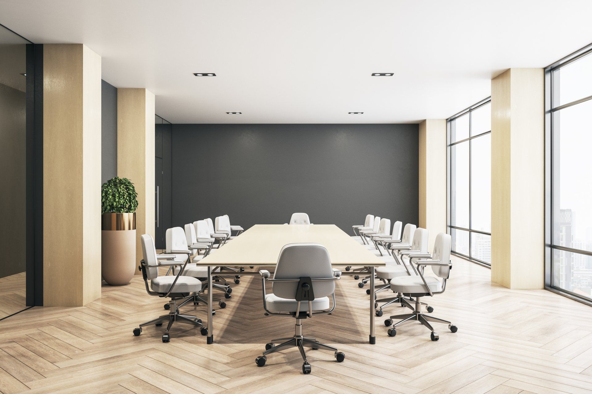 Modern eco style meeting room with big wooden table, white chairs around, parquet